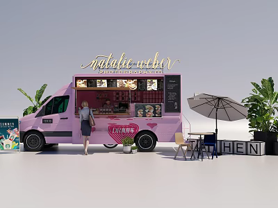 Pink Artisan Bakery Food Truck With Outdoor Tables Umbrella And Plants 3d model