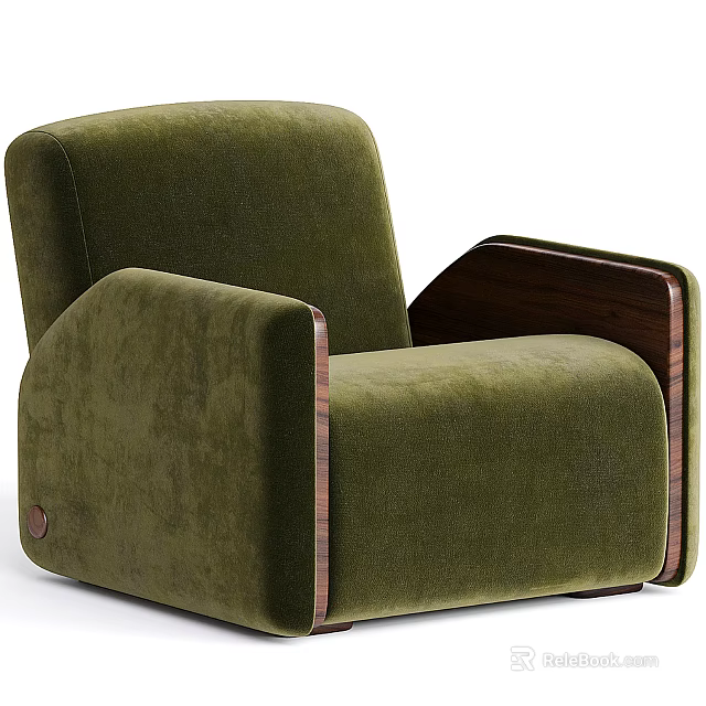 Green Velvet Single Armchair With Wooden Armrests And Modern Design 3d model 