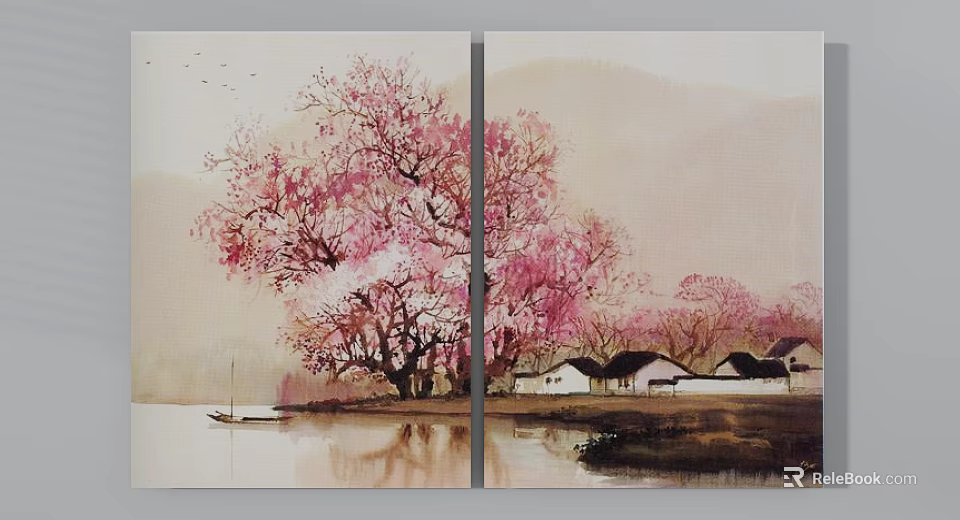 Tranquil Landscape Painting with Pink Flowering Tree Lake Reflection Small Boat Houses and Distant Mountains 3d model 