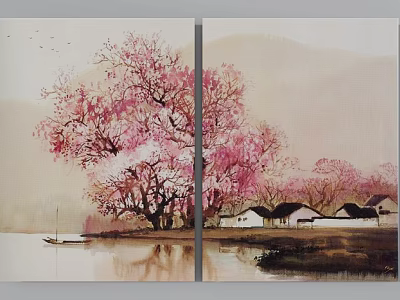 Tranquil Landscape Painting with Pink Flowering Tree Lake Reflection Small Boat Houses and Distant Mountains 3d model