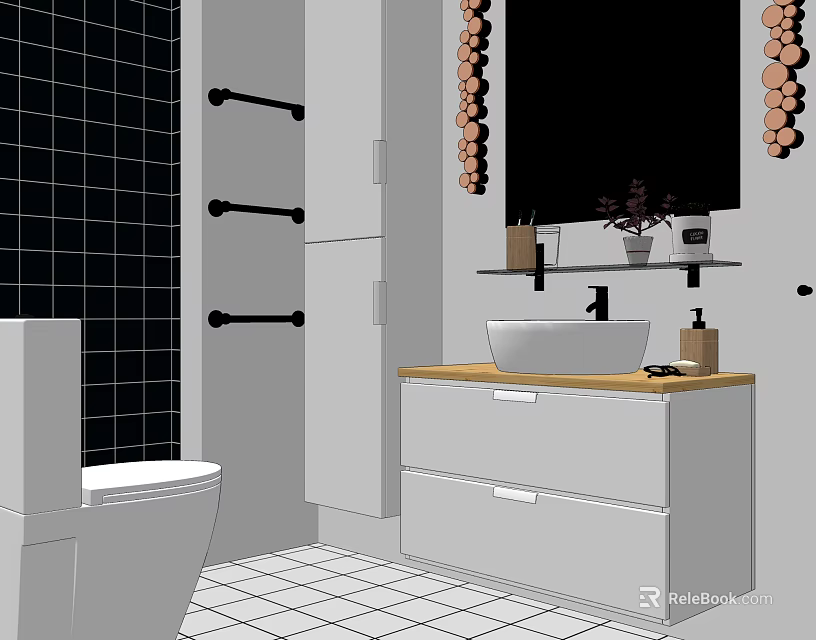 Contemporary Bathroom Vanity Featuring White Sink Wooden Top Black Tile Backdrop And Mirror 3d model 
