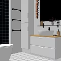 Contemporary Bathroom Vanity Featuring White Sink Wooden Top Black Tile Backdrop And Mirror
