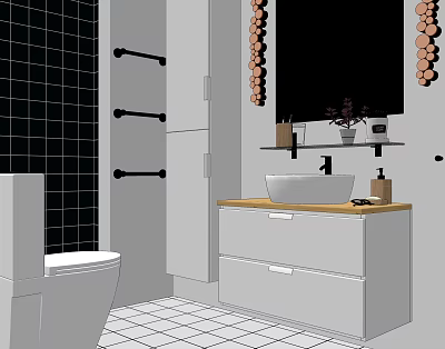 Contemporary Bathroom Vanity Featuring White Sink Wooden Top Black Tile Backdrop And Mirror 3d model