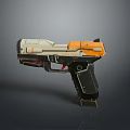 Futuristic Tactical Pistol With Orange And White Accents Ergonomic Grip Detailed Design