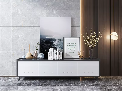 Modern TV Stand Against Gray Marble Wall With Decorative Painting Picture Frame And Vase 3d model