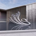Modern Streamlined Landscape Sculpture Before Contemporary Building With Water Pool Reflection