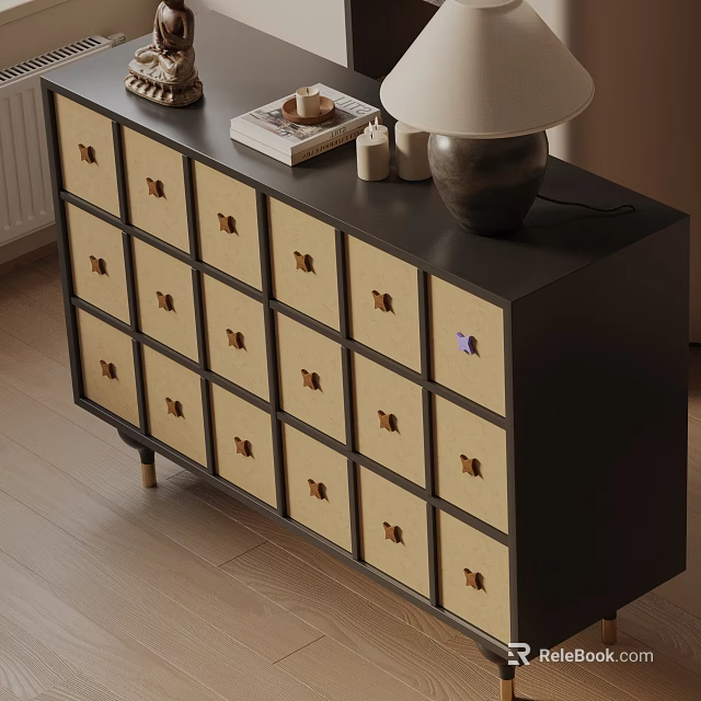 Modern Entryway Console Table With Multiple Beige Drawers Wooden Handles Black Top And Metal Legs 3d model 