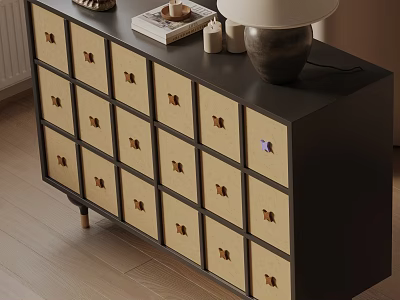 Modern Entryway Console Table With Multiple Beige Drawers Wooden Handles Black Top And Metal Legs 3d model