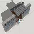 Traditional Chinese Entrance Gate With Ornate Roof Carved Walls And Woman In Blue Dress