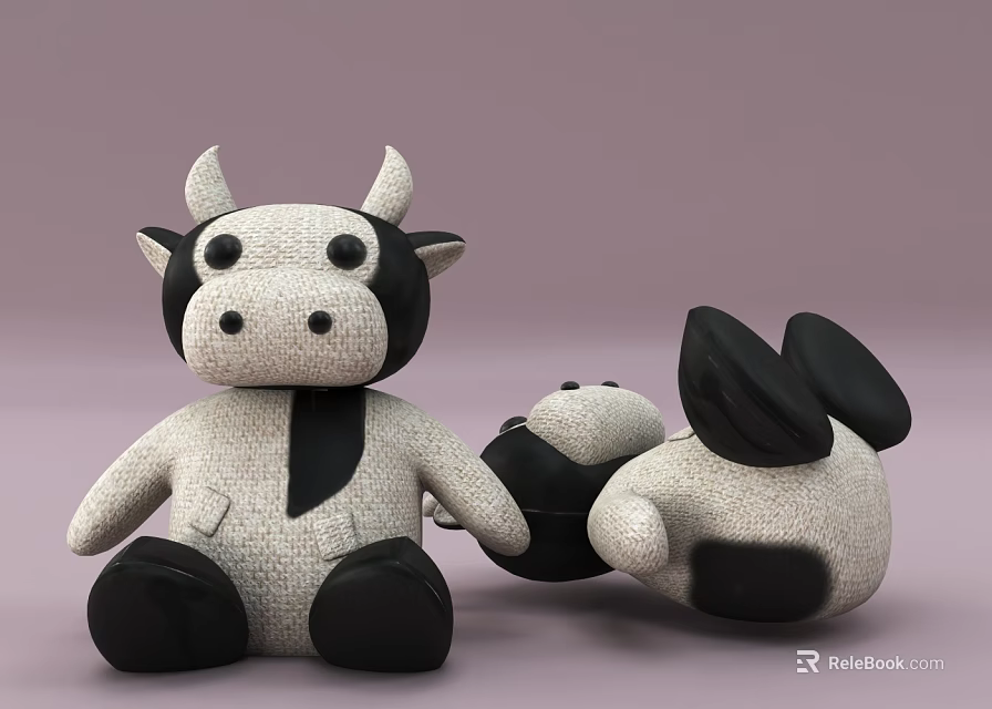 Cute Black and White Plush Cow and Panda Stuffed Toys in Sitting and Lying Positions 3d model 