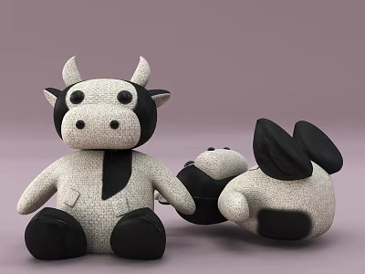 Cute Black and White Plush Cow and Panda Stuffed Toys in Sitting and Lying Positions 3d model