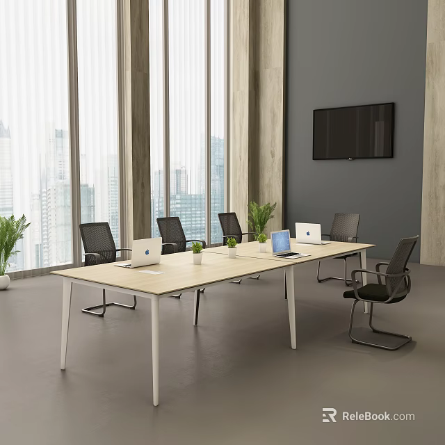 Modern Conference Room With Long Table Laptops Chairs Large Windows City View And Flat TV 3d model 