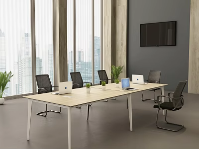Modern Conference Room With Long Table Laptops Chairs Large Windows City View And Flat TV 3d model