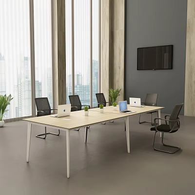 Modern Conference Room With Long Table Laptops Chairs Large Windows City View And Flat TV 3d model