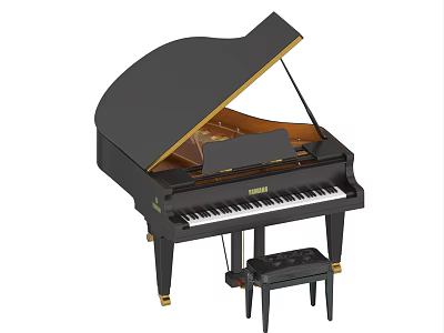 Elegant Black Grand Piano With Open Lid Wooden Stool And Inner Structure Details 3d model