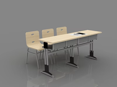 Light Colored Wooden Desk with Three Chairs and Metal Frame Design 3d model