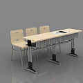 Light Colored Wooden Desk with Three Chairs and Metal Frame Design