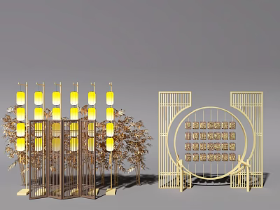 Chinese Style Decorative Arrangement With Golden Screen Lanterns And Round Pattern Characters 3d model