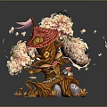 Cartoon Scene Featuring Tree House With Red Roof Pink Flowers Falling Petals And Stone Base