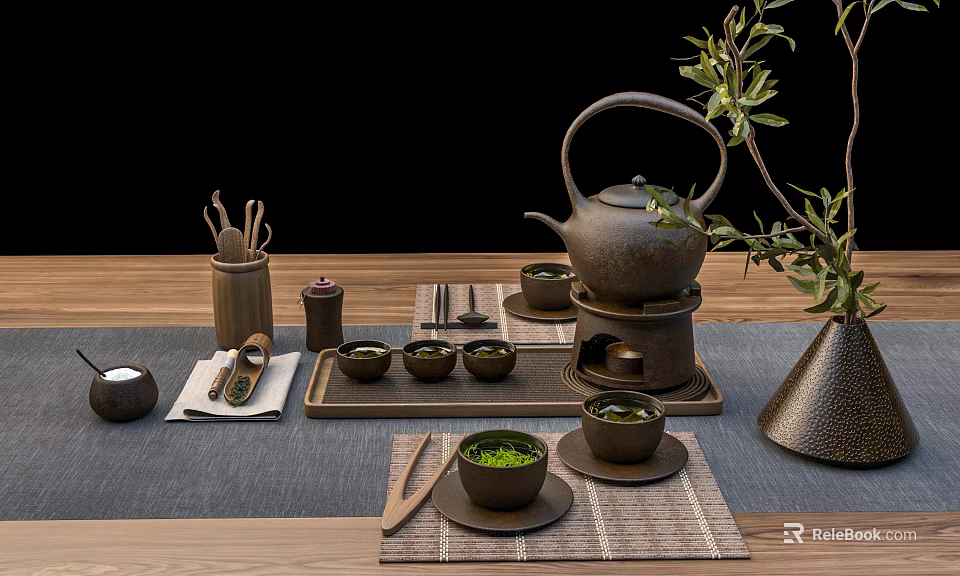 Traditional Japanese Tea Set with Teapot Cups Tray Wooden Elements and Green Plant 3d model 