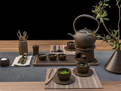 Traditional Japanese Tea Set with Teapot Cups Tray Wooden Elements and Green Plant 3d model