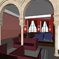 Elegant Hotel Lobby Interior With Arched Architecture Red Walls Large Windows And Maroon Sofas 3d model