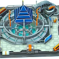 Cartoon Sci-Fi Scene Featuring Circular Structure Blue Pyramid Ring Track Hexagonal Floor and Orange Elements 3d model