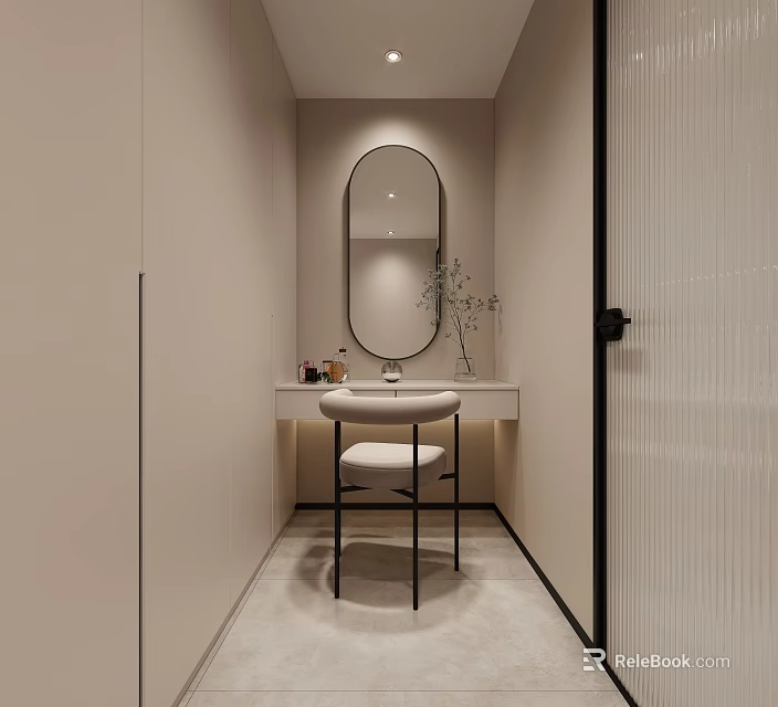 Modern Walk In Closet Design With Vanity Mirror And Storage Cabinets 3d model 