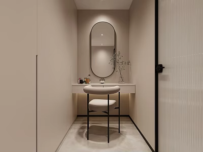 Modern Walk In Closet Design With Vanity Mirror And Storage Cabinets 3d model