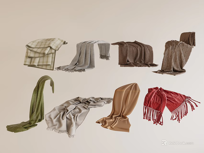 Various Colored Scarves in Green Gray Brown Red with Different Styles and Textures 3d model 