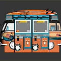 Colorful Orange And Blue Food Truck Model With Surfboard On Top And Detailed Design