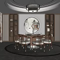 Elegant Restaurant Interior with Round Dining Table Chairs Chandelier Circular Decorative Painting and Side Cabinets