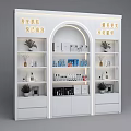 White Multi tiered Display Shelf with Skincare Cosmetic Products Drawers and Plant Decor