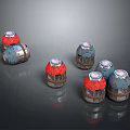 Multiple Red And Blue Metallic Cargo Boxes With Textured Surfaces On Gray Background