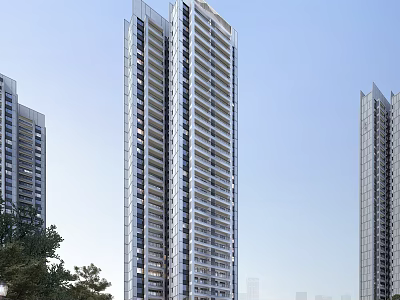 Modern High rise Residential Towers With Glass Exterior And Trees Under Clear Sky 3d model