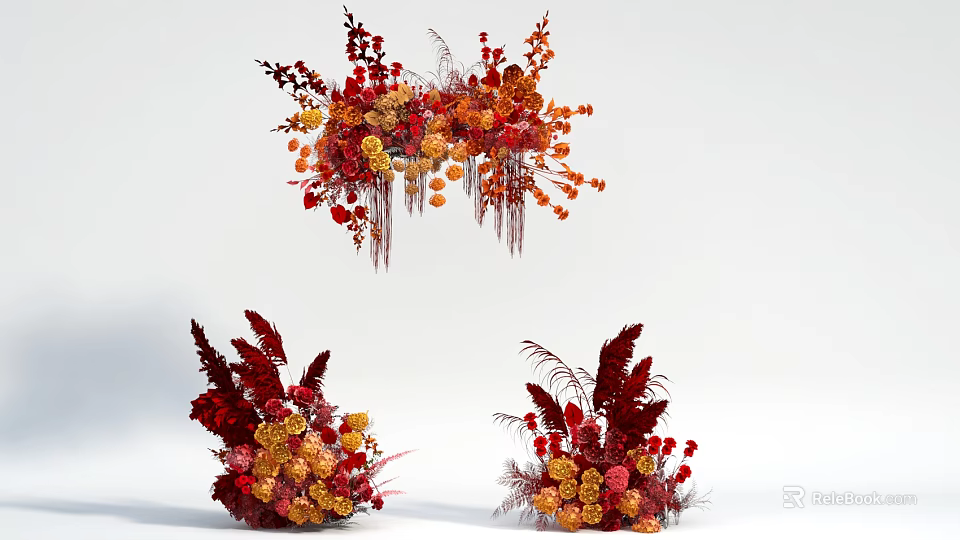 Stunning Red Orange Floral Installation With Hanging Foliage And Tabletop Flower Arrangements 3d model 