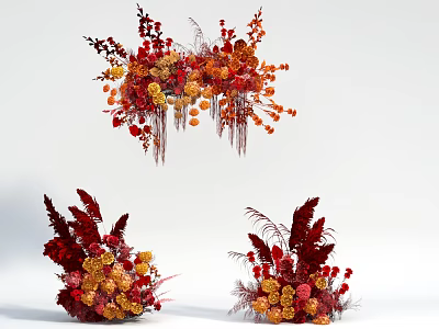 Stunning Red Orange Floral Installation With Hanging Foliage And Tabletop Flower Arrangements 3d model