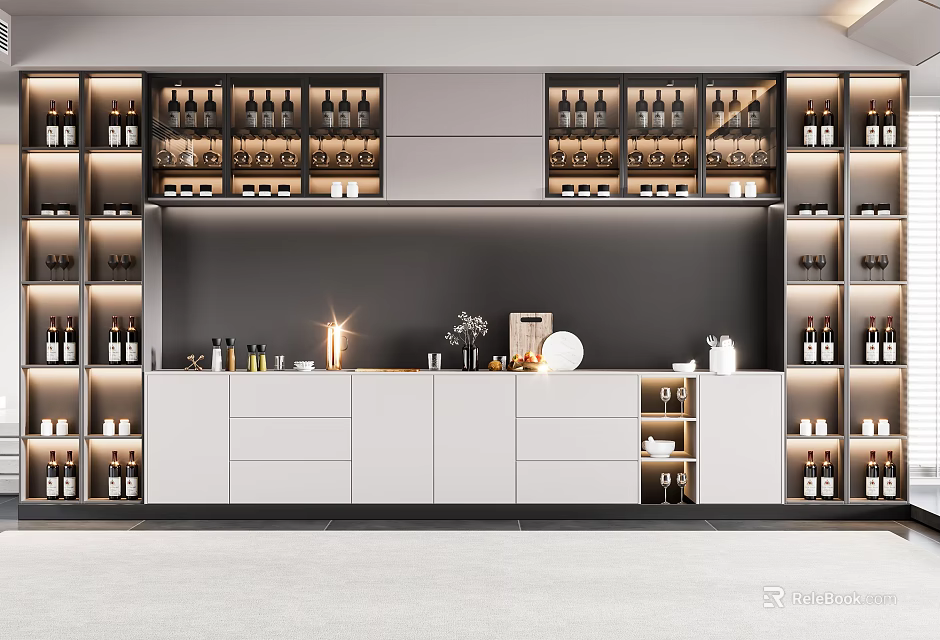 Modern Wine Cabinet Design With White Cabinets Black Backdrop Wine Bottles And Decorative Items 3d model 