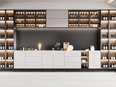 Modern Wine Cabinet Design With White Cabinets Black Backdrop Wine Bottles And Decorative Items 3d model