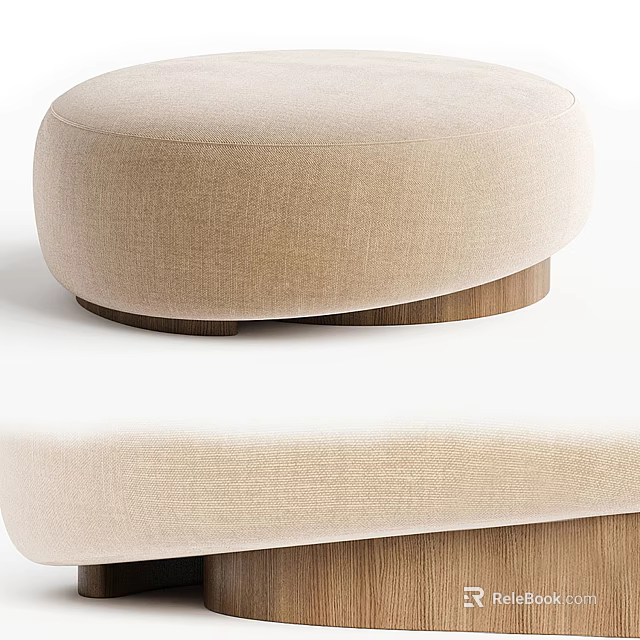 Stylish Beige Round Fabric Ottoman With Solid Wooden Base For Living Room 3d model 