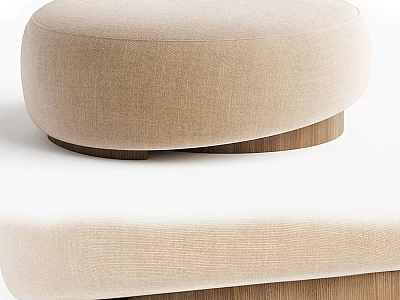 Stylish Beige Round Fabric Ottoman With Solid Wooden Base For Living Room 3d model