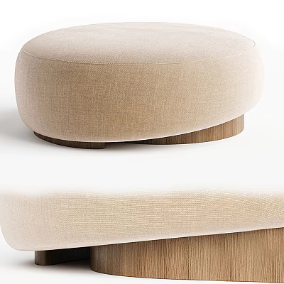 Stylish Beige Round Fabric Ottoman With Solid Wooden Base For Living Room 3d model