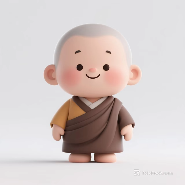 Cute Bald Monk Doll With Smiling Face Rosy Cheeks Brown Yellow Robe On Light Background 3d model 