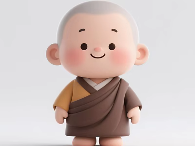 Cute Bald Monk Doll With Smiling Face Rosy Cheeks Brown Yellow Robe On Light Background 3d model