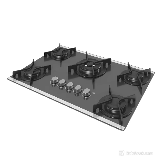 Modern Black Gas Stove Cooktop With Five Burners And Control Knobs 3d model 