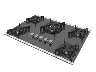 Modern Black Gas Stove Cooktop With Five Burners And Control Knobs 3d model