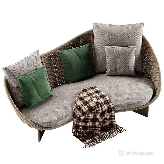 Curved Multi Person Sofa with Woven Frame Gray Cushions Green Pillows and Plaid Blanket 3d model 