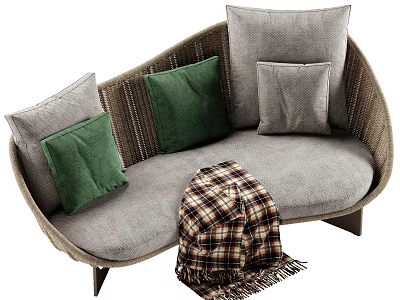 Curved Multi Person Sofa with Woven Frame Gray Cushions Green Pillows and Plaid Blanket 3d model