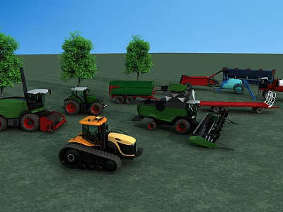 Various Agricultural Utility Vehicles On Green Grassland With Trees And Blue Sky 3d model