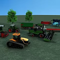 Various Agricultural Utility Vehicles On Green Grassland With Trees And Blue Sky